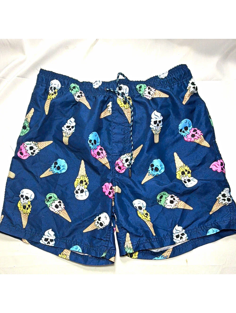 Broken Threads Men's L Swim Shorts Blue Skull Ice Cream Graphic Drawstring Lined